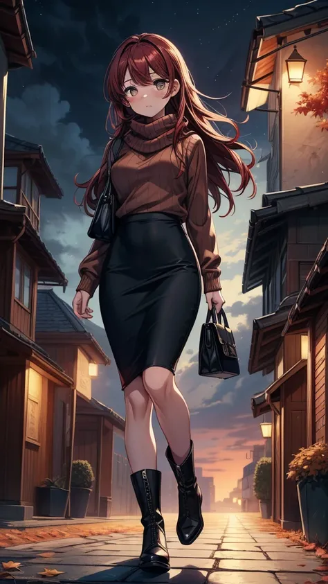 ((((masterpiece, best quality:1.8, high detail)))), (1girl), beautiful woman, bright brown eyes, shy, solo focus, long hair, ((dark red hair)), ((white sweater)), (scarf), ((black midi pencil ((skirt)))), ((long skirt)), boots, slim body, sidewalk, fall ga...