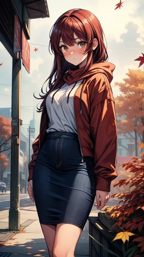 ((((masterpiece, best quality:1.8, high detail)))), (1girl), beautiful woman, lower body, bright brown eyes, shy, wide-eyed, blush, solo focus, long hair, ((dark red hair)), ((white hoodie)), (scarf), ((black midi pencil ((skirt)))), (long denim skirt), sl...