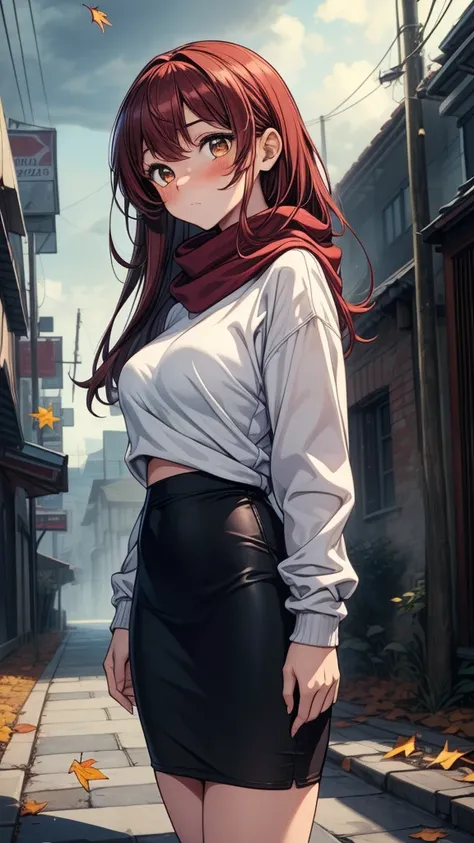 ((((masterpiece, best quality:1.8, high detail)))), (1girl), beautiful woman, lower body, bright brown eyes, shy, wide-eyed, blush, solo focus, long hair, ((dark red hair)), ((white sweatshirt)), (scarf), ((black midi pencil ((skirt)))), (long skirt), slim...