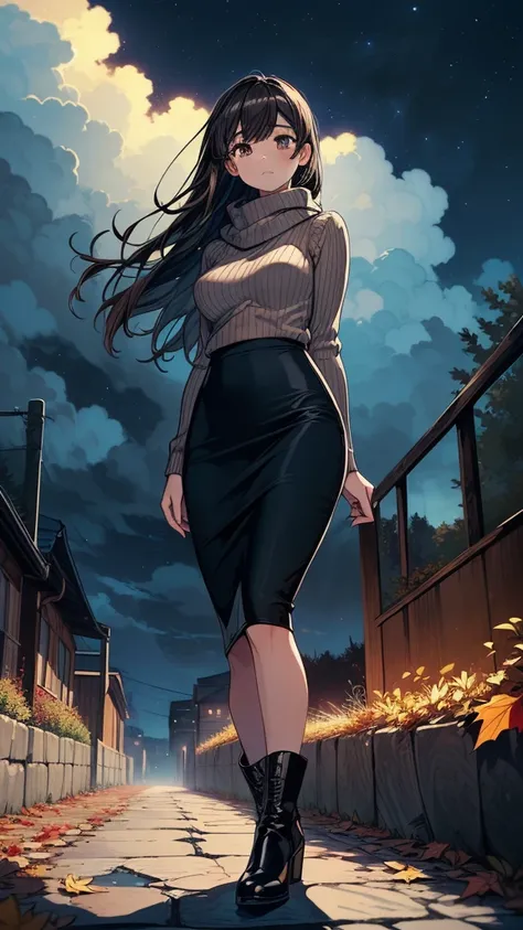 ((((masterpiece, best quality:1.8, high detail)))), (1girl), beautiful woman, bright brown eyes, shy, solo focus, long hair, ((dark hair)), ((white sweater)), (scarf), ((black midi pencil ((skirt)))), ((long skirt)), boots, slim body, sidewalk, fall garden...