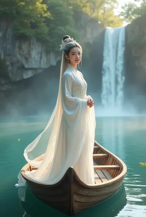 (photorealism:1.1), beautiful chinese young woman ( pefect face, perfect anatomy, a small smile) face full facing audience. High detail white china bride attire from han dynasty era. Wearing simple hair piece on long white hair. Standing pose seem waiting ...