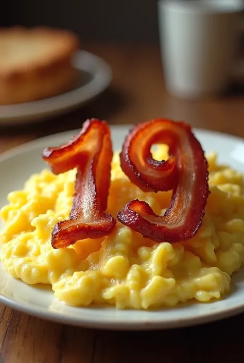 A large plate of scrambled eggs and I made a number 19 on top made of bacon