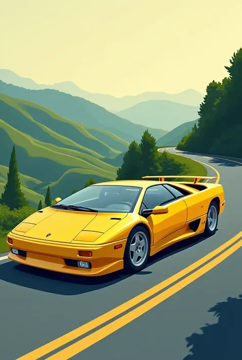 Very simplistic vector art of a yellow Lamborghini diablo with original wheels driving trough Italy 