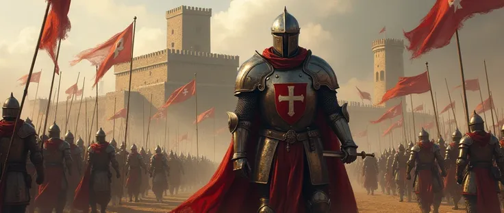 Knight Templar during the Crusades. Medieval. Siege of an enemy fortress. Catapults, trebuchets and siege towers along with an army can be seen in the background. 