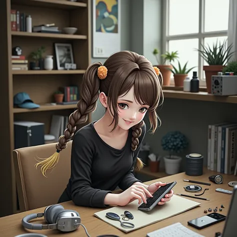 Brunette girl with blonde hair, long hair, repairing a cell phone, Smiling, She is standing next to a table, She is wearing sandals, On the table there are endless tools, Earrings, Photorealistic Two braids, headphones, from one side. 