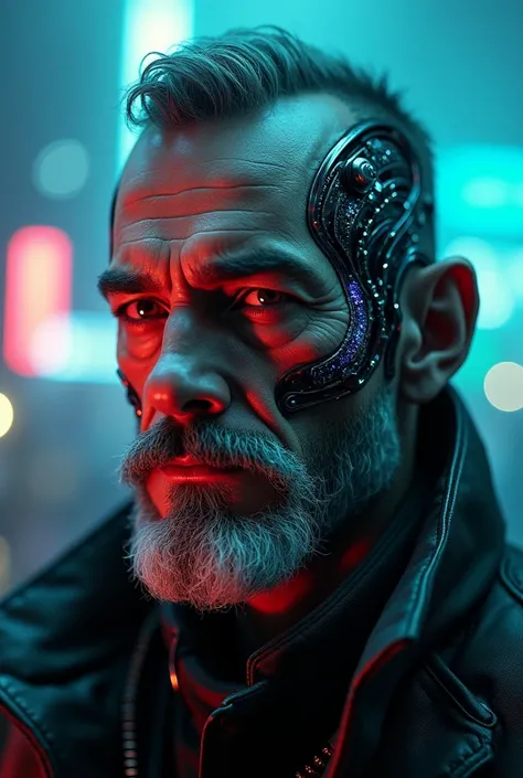 Brutal cyborg man, beautiful detailed eyes, beautiful short gray beard, extremely detailed eyes and face, short gray mustache, highly detailed cyberpunk character, intracate mechanical details, glowing cybernetic implants, dramatic lighting, neon cyberpunk...