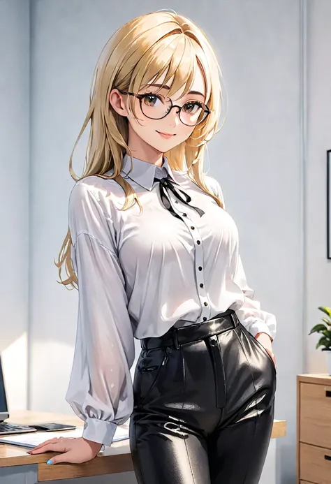 20-year-old Woman Wrinkled skin Blond straight hair Glasses Black leather pants White blouse Office Side view Smirk