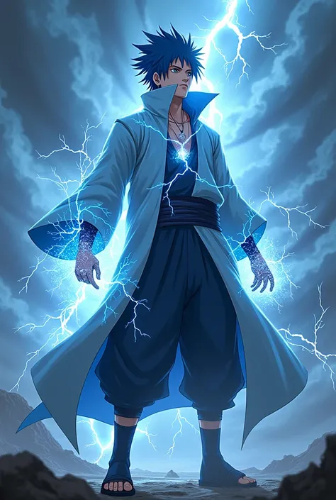 jonin level shinobi in naruto series,thunder around body,stand,blue hair,thunder background