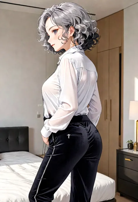 70-year-old Woman Wrinkled skin Grey curly hair Black velvet pants with a zipper on crotch White shirt Bedroom Side view Smirk