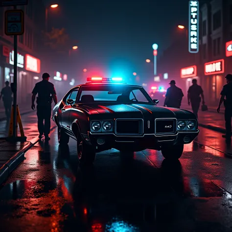 8K Octane, Bloom, High Resolution, Super Detailed, Night, Crime scene, Police line, Police cars, Police officiers, Street, 1970 Oldsmobile 442 