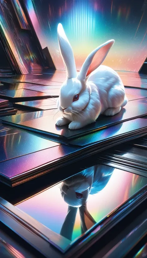 a white rabbit, surreal pure white, black and white aesthetic, hyperrealism, ARW, (((gradient effect, seamless layering, holographic, fantasyiridescent))), seamless fusion, (best quality,4k,8k,highres,masterpiece:1.2),ultra-detailed,(realistic,photorealist...