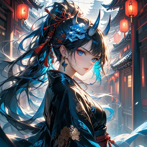 portrait of a mysterious woman wearing a tengu mask: beautiful woman with high ponytail and hairpin in black dress. this masterp...