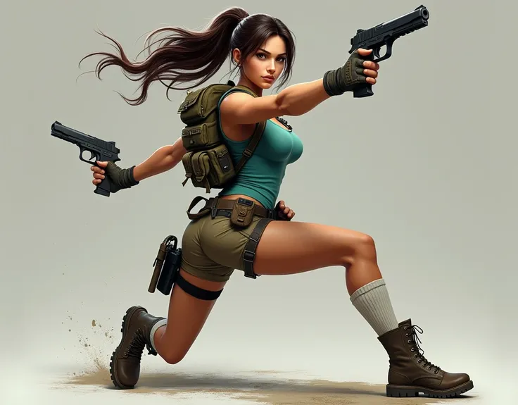 Lara Croft. Realistic. Athletic female with brown eyes and dark auburn hair, kept in a ponytail. Turquoise leotard, light brown shorts, calf-high boots, and tall white socks. Accessories include fingerless gloves, a backpack, a utility belt with holsters o...