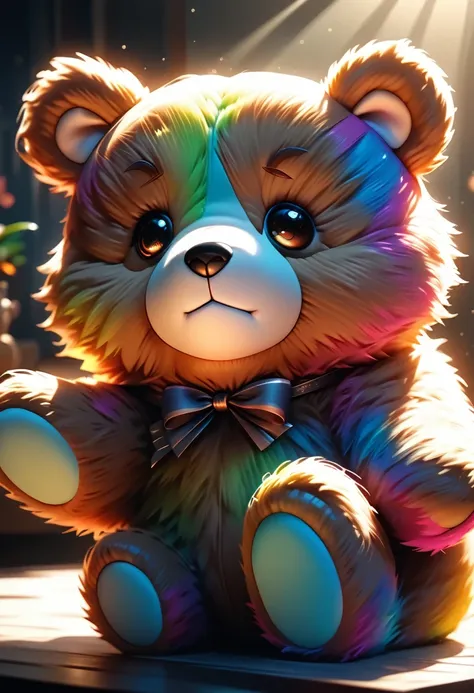 1 teddy bear, cute, plush, soft, adorable, huggable, cuddly, furry, fuzzy, fantasy, magical, colorful, vibrant, whimsical, warm, playful, affectionate, friendly, cozy, charming, cinematic, dramatic lighting, photorealistic, high quality, detailed, 8k, shar...