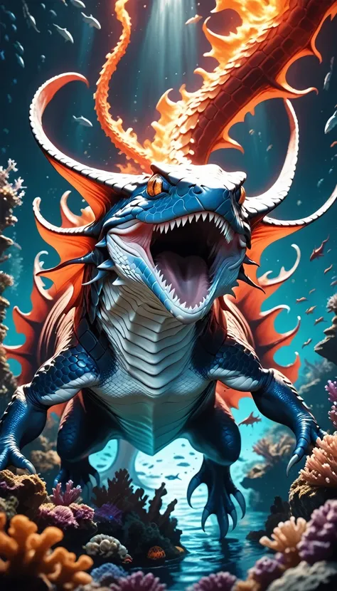 a threatening creature lurking in the depths of the sea, a fiery dragon, a salamander, solo, a fantastical magical being, a dark glow lurking in the deep sea, fantastical iridescent sheen, holographic water flow, a cryotic mutation, a manta-like ecology, d...