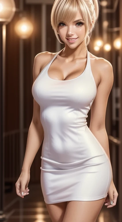 beautiful young woman in a dramatic standing pose, windy blonde hair, smile, white tank bodycon dress, horny expression, (best quality,4k,8k,highres,masterpiece:1.2),ultra-detailed,(realistic,photorealistic,photo-realistic:1.37),studio lighting, extremely ...