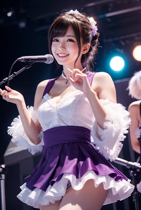 masterpiece, 8k, 16k, Real as in the photo, Raw Photos, Real, detailed, Japanese women, So cute, Japanese Idol, Bright atmosphere, Detailed face, Detailed Eyes, Detailed clothing, Detailed hand, Detailed lower body, Deep purple, dress costume, ribbon on ch...