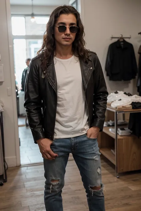 a handsome young man with an Arab face, long curly hair, wearing a leather jacket, white t-shirt, sunglasses, torn jeans, boots, standing upright in a masculine, macho position, in the background of a shop in the middle of the city