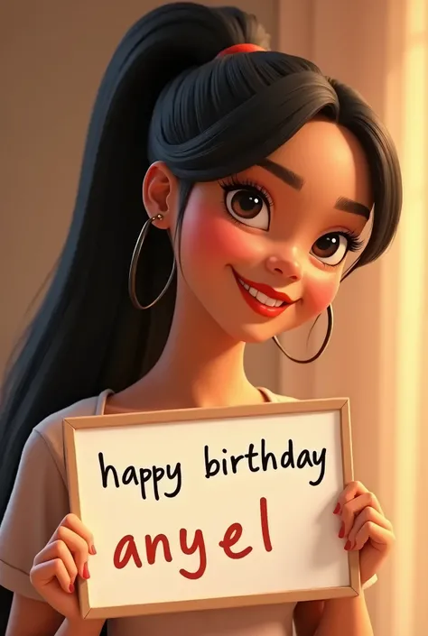 Beautiful girl with long straight black hair without waves , high ponytail hairstyle without bangs, without bangs, bare forehead, classic teacher mode dress, holding a whiteboard with the text "Happy Birthday Anyel" and showing it to the viewer. Red lips a...