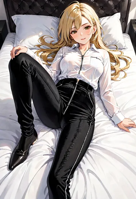 70-year-old Woman Wrinkled skin Blond straight hair Black velvet pants with a zipper on crotch White shirt On a bed Smirk