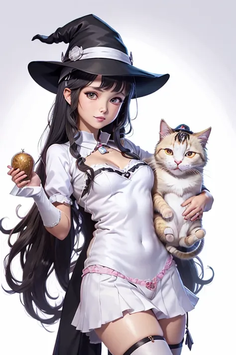 anime  in witch hat holding a white cat, black-haired wizard, seductive anime witch casts a spell, cat ears anime girl, witch gi...