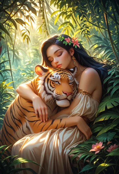 young woman, a tiger is sleeping nearby, beautiful, Long Black Hair, Ideal Body Shapes, Nearby lies a beautiful fluffy tiger, Background Jungle Beautiful Thickets, bright colors, Game of Shadows, maximum quality, masterpiece, Soft light, 8 k, 