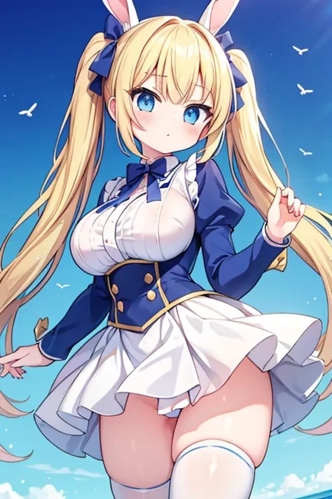 blonde with blue eyes、1girl,bunnygirl uniform,large breasts、twin tails、girl&#39;s