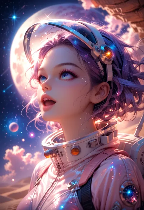 sexy, Charming, young woman, Cosmos, Open Face Spacesuit, holds a helmet in his hands, on the moon, Desert Planet, Galaxies and Stars are visible, Beautiful Captivating Colors, Shine, shadows, maximum quality, Full Detailing, SOFT COLORS, Warm Atmosphere,