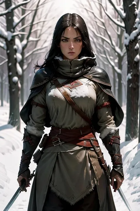 Mount and Blade Bannerlord - Assassins Creed Brotherhood - Medieval skirmish with Jennifer Carpenter looks like as warrior (black hair, fit/muscular arms, flat chest assassins creed inspired dress) in the dense forest. With sword. Heavy snow blizzard.
