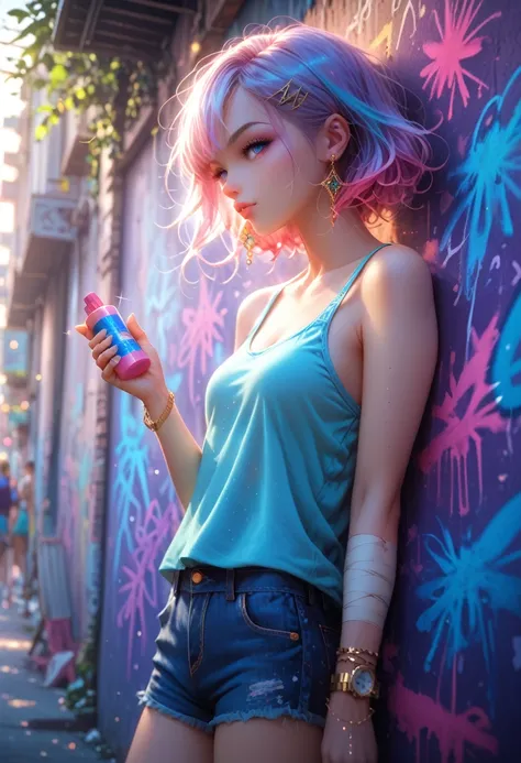 young woman, Bright Beautiful, Stands on the street near the wall with graffiti, Dressed in Casual Clothes, dyed hair, Sparkle in the eyes, Game of Shadows, masterpiece, maximum quality, Full Detailing, Spray Paint in Hand, bandage on the arm, Gold Watch o...