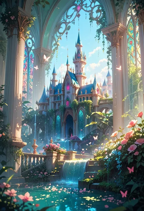 masterpiece, best quality, 1 girl, One, Princess Elf, in the Garden Where Fountains Bubble and Butterflies Fly, flowers are blooming, The Beautiful Emerald Palace is visible, bright colors, Full Detailing, Game of Shadows, Soft light, Shine, beauty, master...