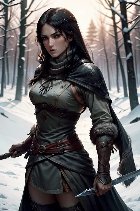 Mount and Blade Bannerlord - Assassins Creed Brotherhood - Medieval skirmish with Jennifer Carpenter looks like as warrior (black hair, fit/muscular arms, flat chest assassins creed inspired dress) in the dense forest. With sword. Heavy snow blizzard. Ass
