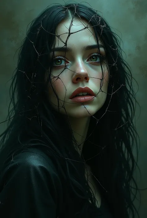 a beautiful terrifying painting dark gothic close up woman in a spider web, green, and black hues by raymond swanland, gaston bussiere craig mullins alphonse mucha frank frazetta, keith parkinson and greg rutkowski and aleksandra skibabasil gogos norman ro...