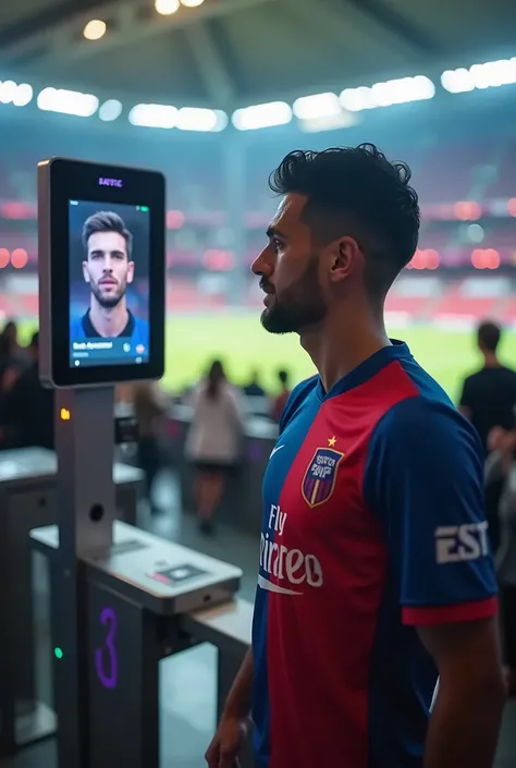 Facial recognition device at the entrance of a football stadium, with a person being recognized by the equipment, people on the other side of the turnstile. Person with face in front of facial recognition equipment. Person&#39;s face appearing on device. T...