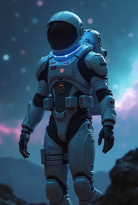 A space-suited explorer emerges from the darkness of a distant planets night side. Glowing plasma streams crisscross their visor-less helmet, casting an ethereal glow on the intricate details of their high-tech suit. Robotic enhancements and metallic plati...