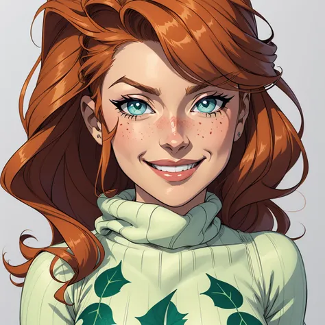 (style dessin animé:1.2), Dessins de ([: poison ivy]), porter un pull ample à col roulé, Un grand sourire, yeux parfaits, detailed face,  arrière-plan, pose amusante, regard coquin, simply white arrière-plan 