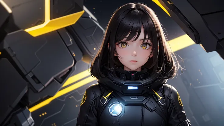 from the future intelligence, background tech, confident look, space black pioneer dress, yellow eyes, dark hair
