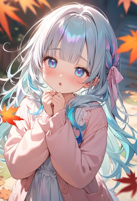 extremely detailed, (illustration, official art:1.1), 1 girl ,, ,(((( light blue long hair)))),light blue hair, ((iridescent hair,  half blue and half pink hair: 1.2)),, long hair ((blush)) , cute face, big eyes, masterpiece, best quality,(((((a very delic...