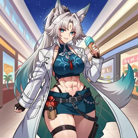 Large biceps, (FeixiaoDefault, animal ears, long hair, ponytail, gradient hair, white hair, blue eyes, forehead jewel, ear piercing, tassel hair ornament, tassel earring, thigh strap,((animal ears,fox ears,tail)), ripped clothes,female abs, night shopping ...