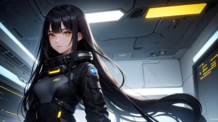 from the future intelligence, background tech, confident look, space black pioneer dress, yellow eyes, dark hair
