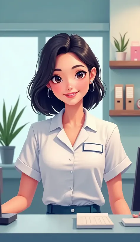 Create a female funkoo pop with features: A female receptionist stands at the front desk of a modern clinic, wearing a smart white blouse and a name tag. She has shoulder-length dark hair and looks towards the viewer with a friendly and approachable expres...