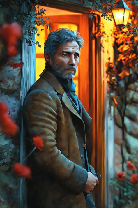 a middle-aged man with short, dark hair and deep-set brown eyes stands at the entrance of a cozy, warmly lit home, his hand on t...