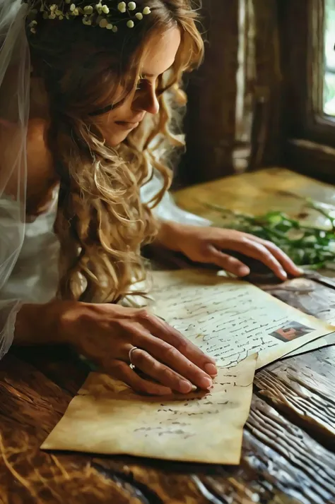 a close-up of a hand opening a letter on a wooden table, with a wedding photo of a woman with long, wavy chestnut hair and brigh...