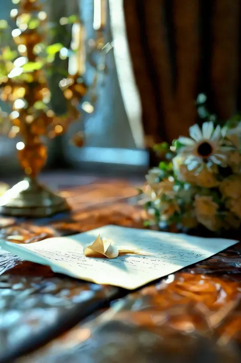 a close-up of a hand opening a letter on a wooden table, with a wedding photo of a woman with long, wavy chestnut hair and brigh...