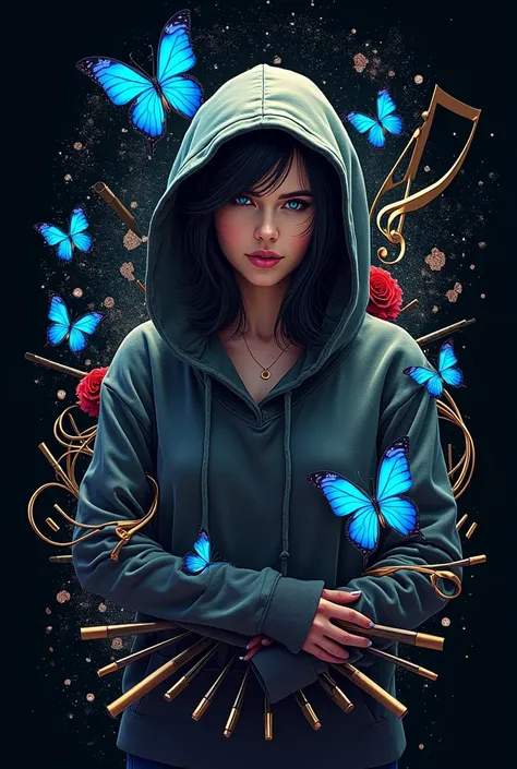 I want a discord poster where a girl in a hoodie is surrounded by rap, blue butterflies, black color, musical notes and art supplies, guns and bullets.