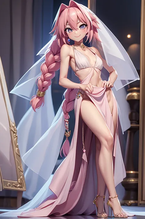 ((masterpiece)), ((best quality)), (detailed), astolfo, Beautiful, Beautiful and slim perfect body, Beautiful body, slim body, flat chest, not breasts, very sexy smile, sexy smile, femboy, boy, bright pink hair, really spiky hair, messy hair, short hair, a...