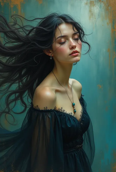 A mysteriously captivating woman exudes tranquility, her enigmatic smile suggesting untold mysteries. She has flowing, ethereal hair that adds to her otherworldly beauty. The image is a stunning painting, rich in colors and meticulous brushstrokes. This po...