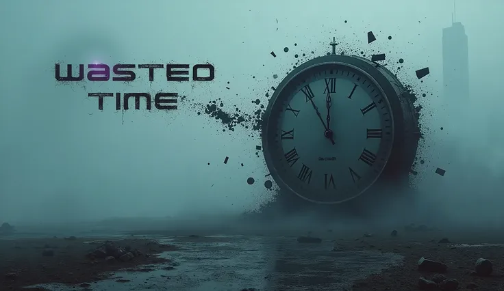 Create a striking album cover for a music album titled Wasted Time. The design should feature a surreal, dreamlike clock that is melting or disintegrating, with broken gears and fragments floating in the air. The color scheme should be a mix of dark blues,...