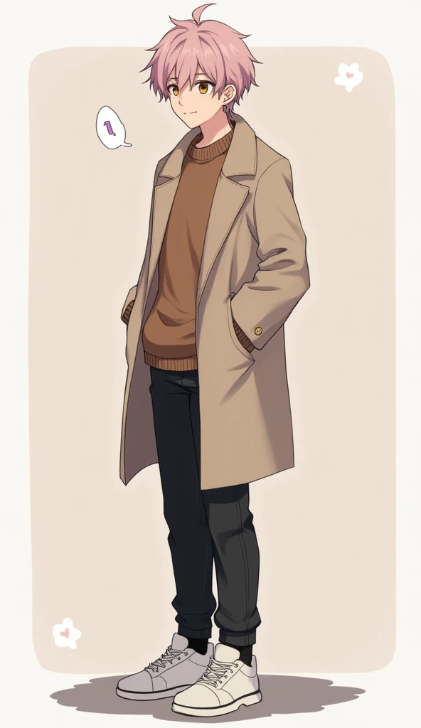 Hiroto  Male Brown eyes Hair color: Light pink-lilac.
Hair to the ears, disheveled, some lie on the face creating a non-slip appearance.
Body type: Ectomorph. Pumped up, height 180 cm, thin waist, thin, Tall Wears: Men&#39;s Brown Oversized Sweater, men&#3...