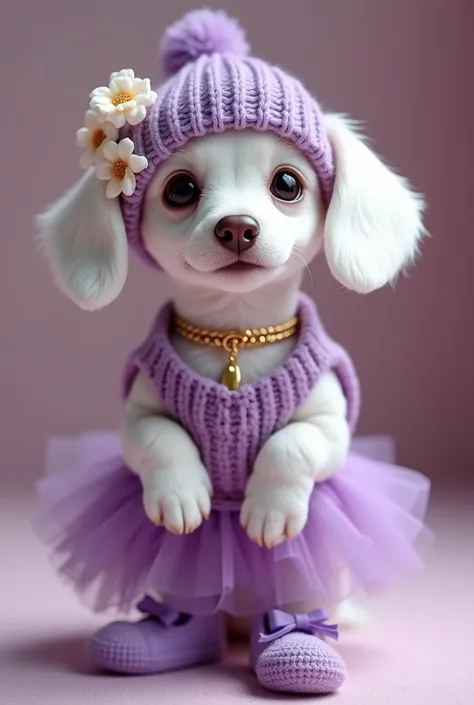 Cute white dachshund puppy、Stand on hind legs、Cute for women、Big Eyes、An elegant and vibrant purple dog dress、Elegant purple cute shoes、Purple knitted hat decorated with elegant white flowers、Elegant and pretty gold necklace、on site､masterpiece, Blurred Ba...